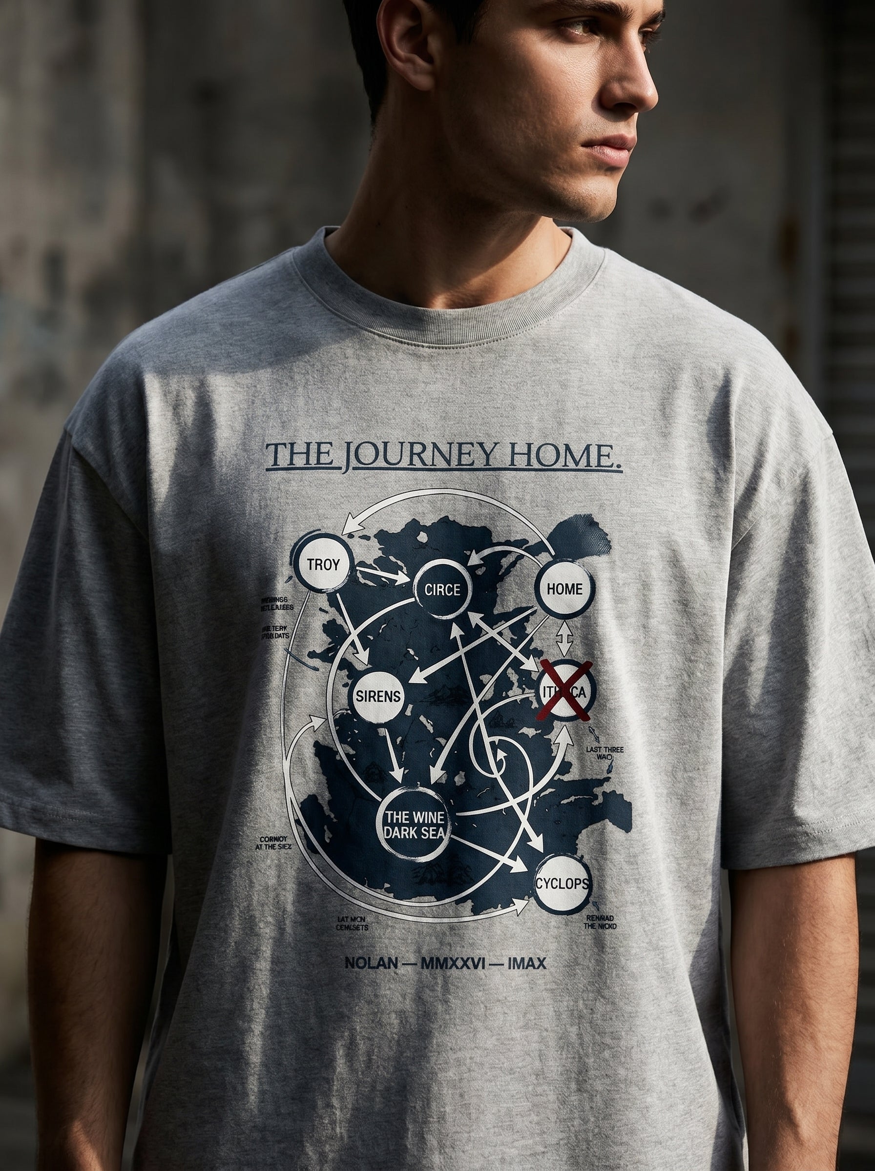 Culture Canvas The Odyssey fan art route map graphic tee — Troy Circe Sirens Cyclops Ithaca diagram print on grey marl oversized 240 GSM cotton, inspired by Homer and Nolan 2026 film