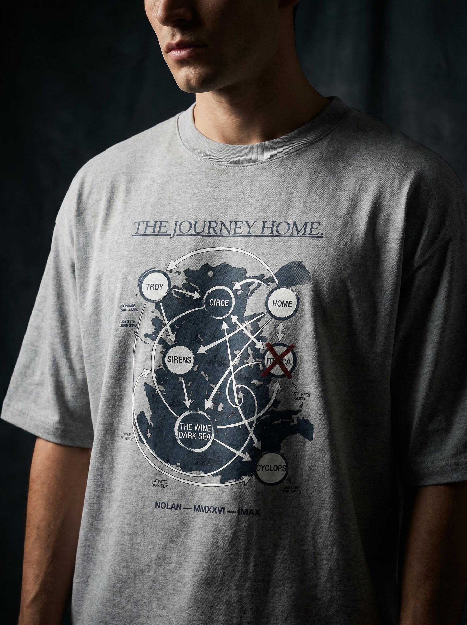 Culture Canvas The Odyssey fan art route map graphic tee — Troy Circe Sirens Cyclops Ithaca diagram print on grey marl oversized 240 GSM cotton, inspired by Homer and Nolan 2026 film