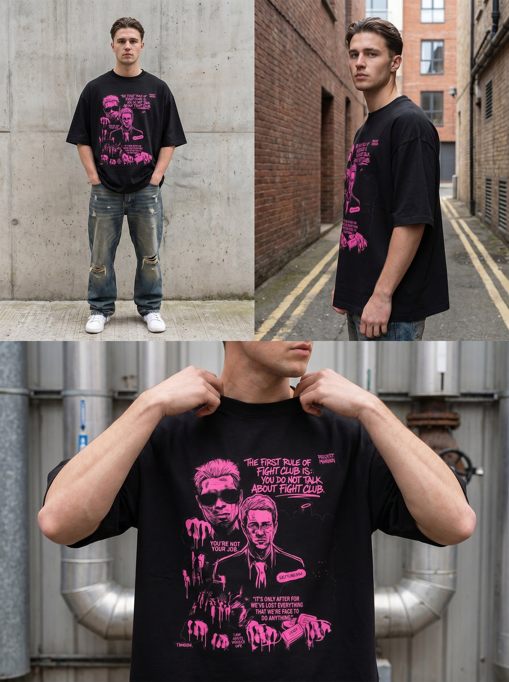 Culture Canvas Fight Club fan art tribute oversized tshirt — full length, side profile and chest detail views, black and pink