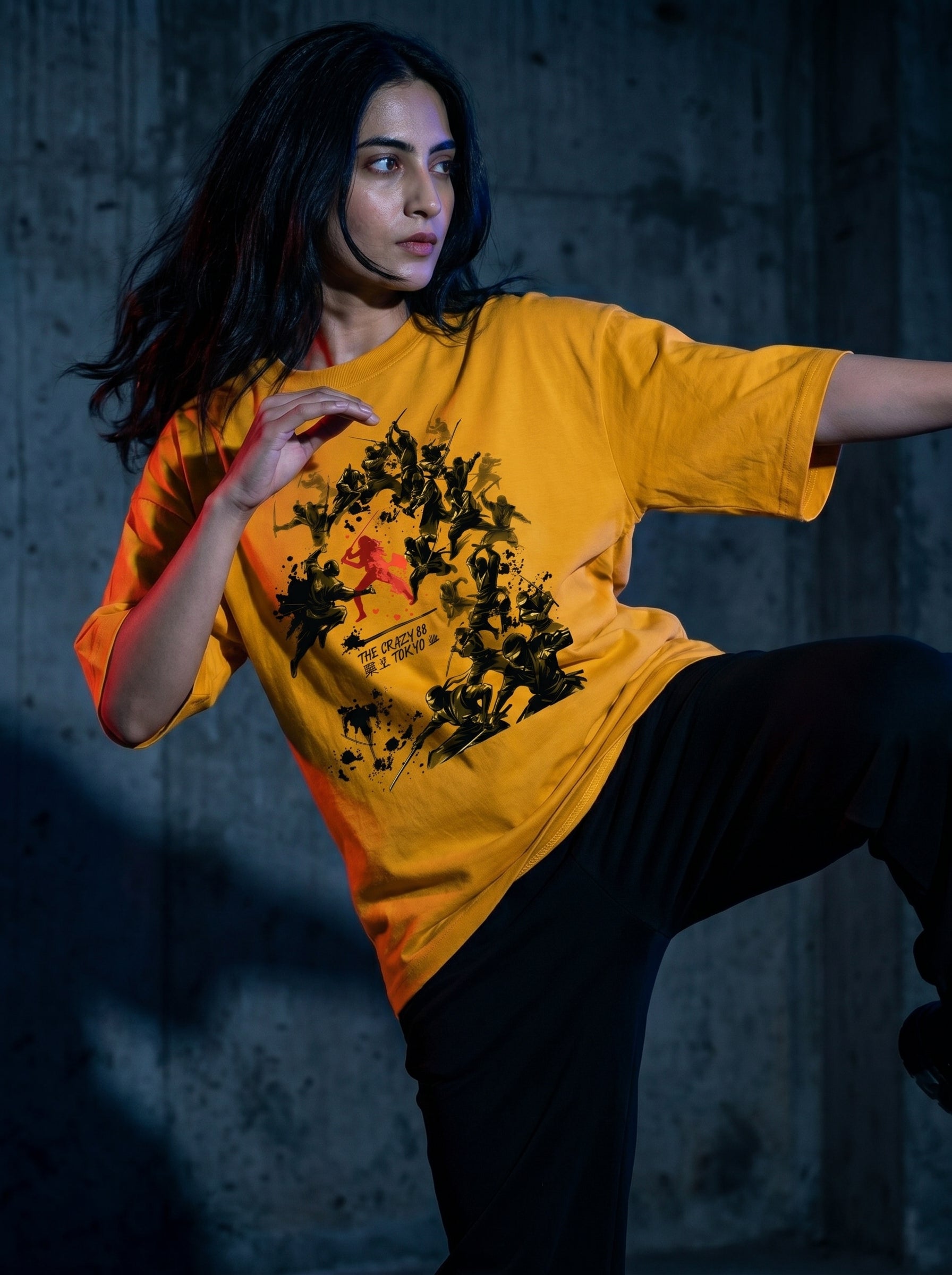 Culture Canvas Kill Bill fan art tribute oversized tee — Crazy 88 sumi-e ink battle graphic in black and red on mustard yellow 240 GSM cotton, DTG printed