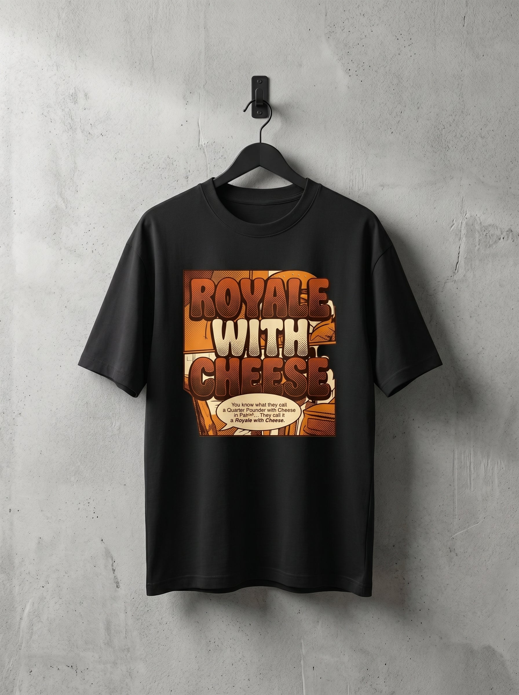 Culture Canvas black oversized graphic tee — Royale With Cheese pop-art comic print in amber and brown, Pulp Fiction fan art tribute, 240 GSM cotton