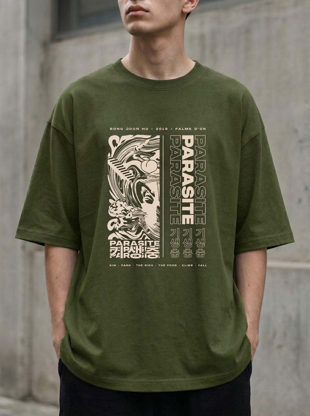 Culture Canvas olive green oversized graphic tee — Parasite film fan art tribute, acid-poster print, 240 GSM cotton