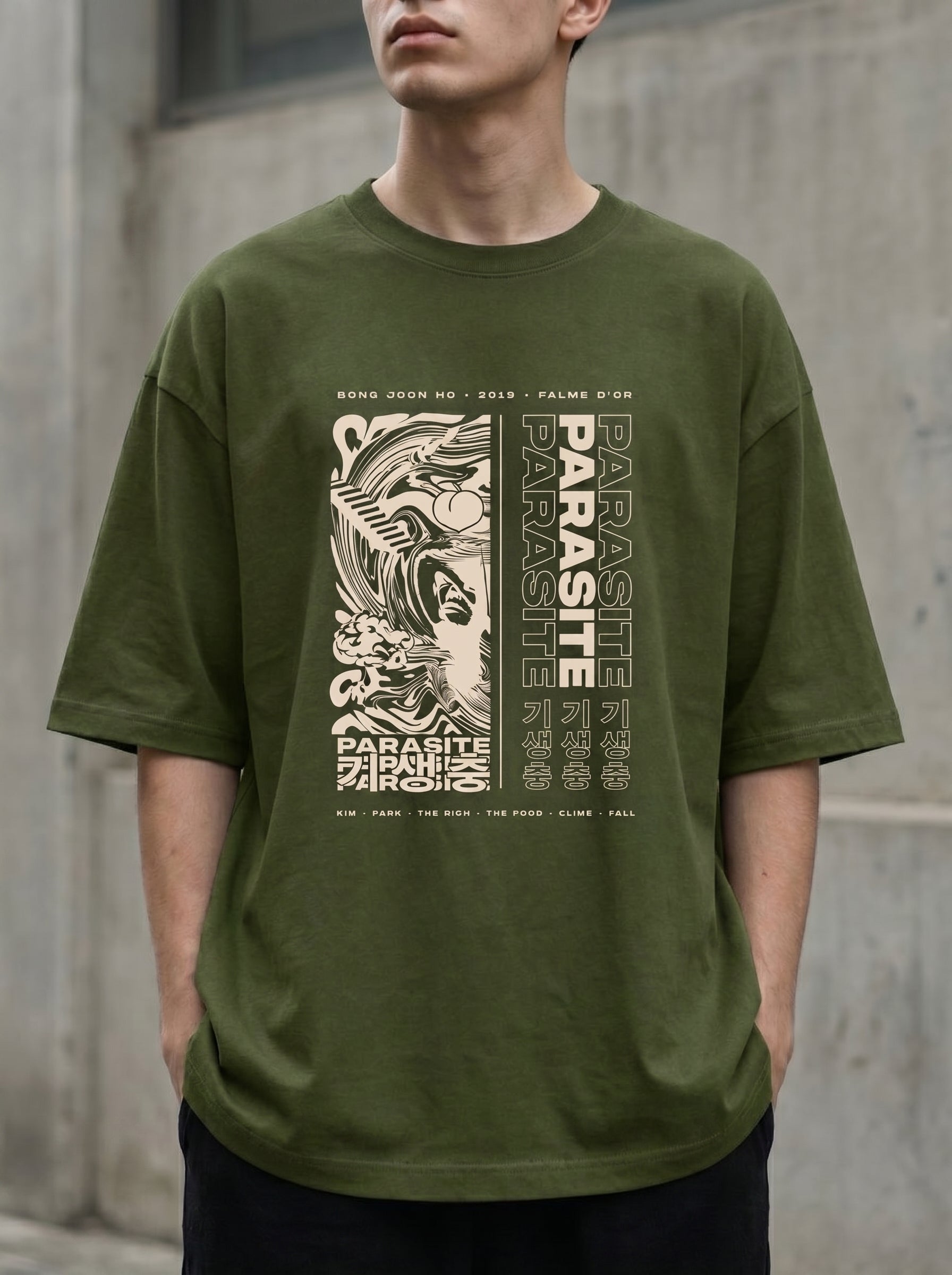 Culture Canvas olive green oversized graphic tee — Parasite film fan art tribute, acid-poster print, 240 GSM cotton