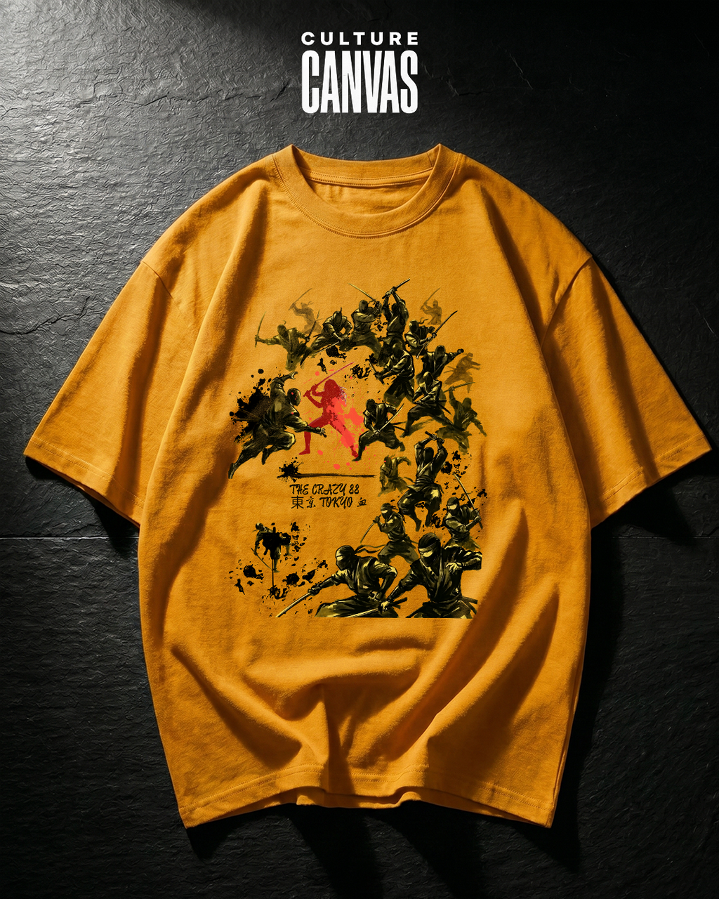 Culture Canvas Kill Bill fan art tribute oversized tee — Crazy 88 sumi-e ink battle graphic in black and red on mustard yellow 240 GSM cotton, DTG printed
