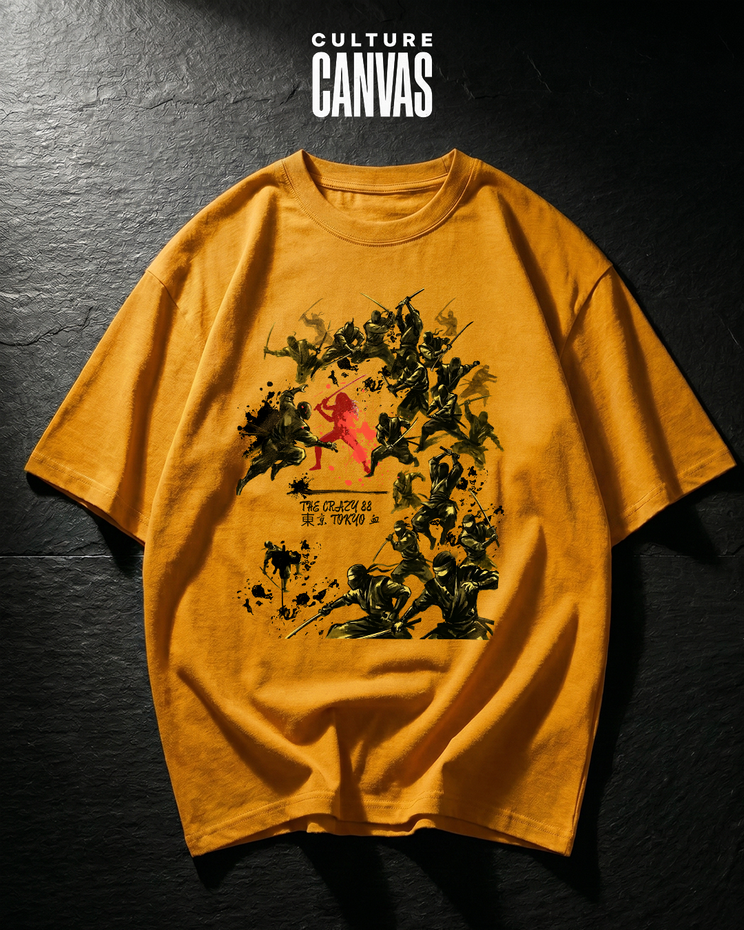 Culture Canvas Kill Bill fan art tribute oversized tee — Crazy 88 sumi-e ink battle graphic in black and red on mustard yellow 240 GSM cotton, DTG printed
