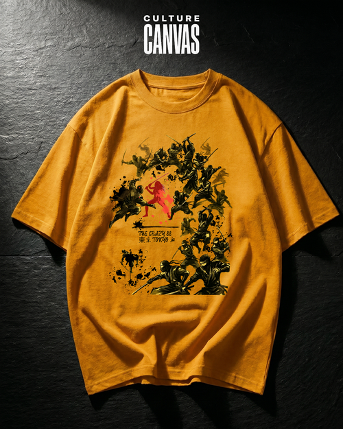 Culture Canvas Kill Bill fan art tribute oversized tee — Crazy 88 sumi-e ink battle graphic in black and red on mustard yellow 240 GSM cotton, DTG printed
