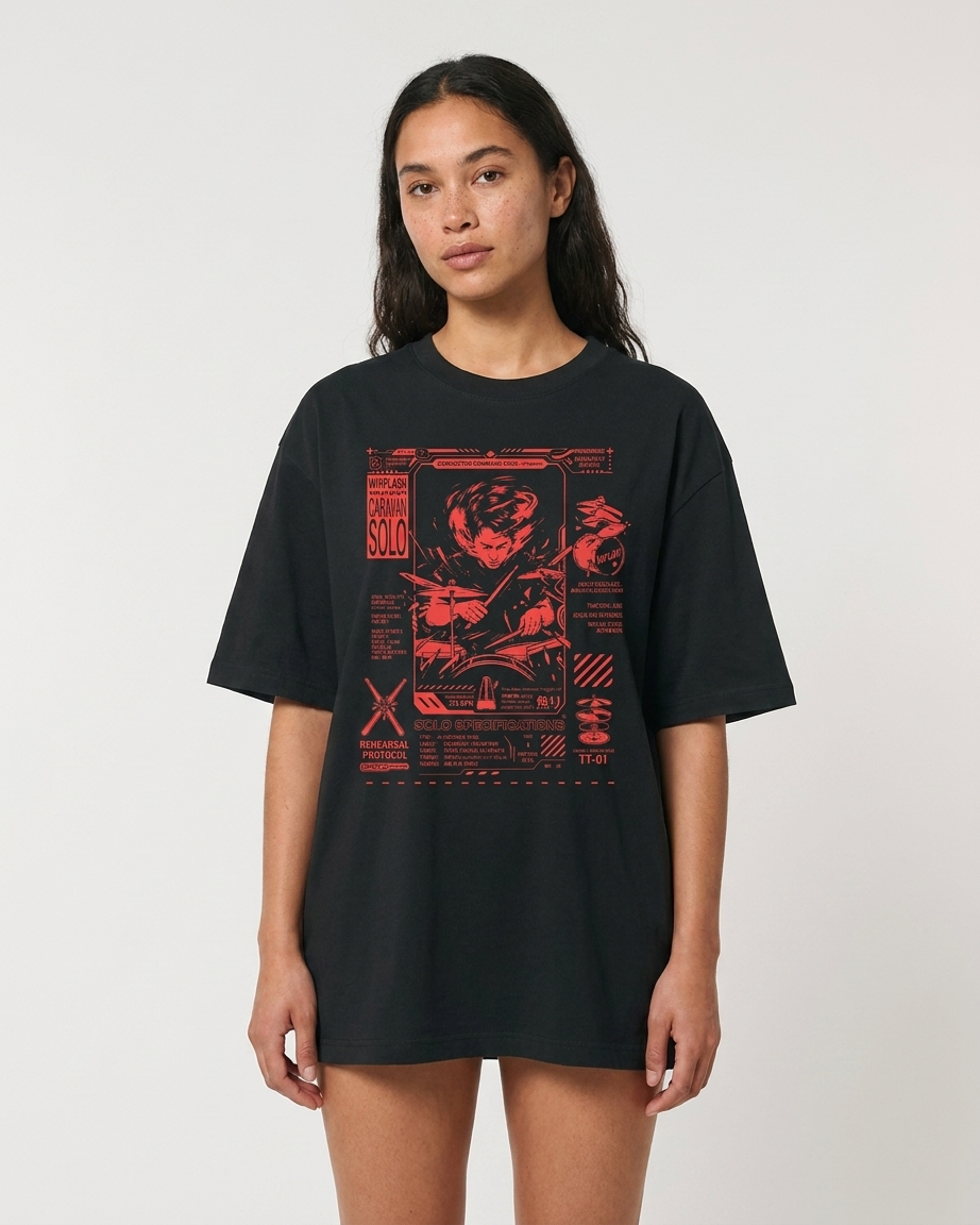 Culture Canvas 221 BPM Caravan Solo oversized tee — red on black brutalist print, unisex oversized fit, cinephile fan art apparel India