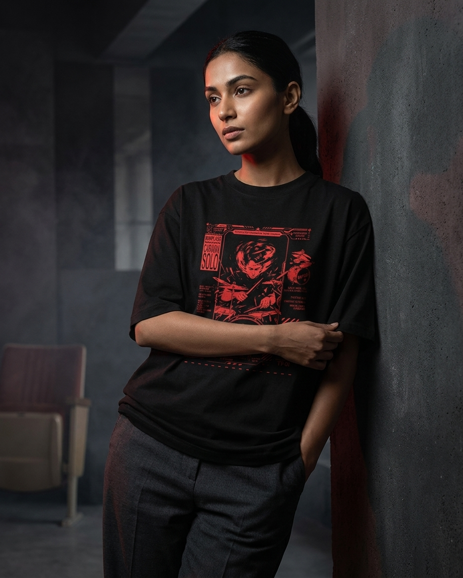 Culture Canvas jet black oversized graphic tee — Whiplash tribute brutalist acid design, crimson red screen print, 240 GSM cotton