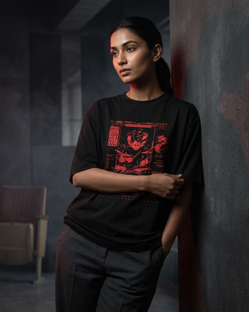 Culture Canvas jet black oversized graphic tee — Whiplash tribute brutalist acid design, crimson red screen print, 240 GSM cotton