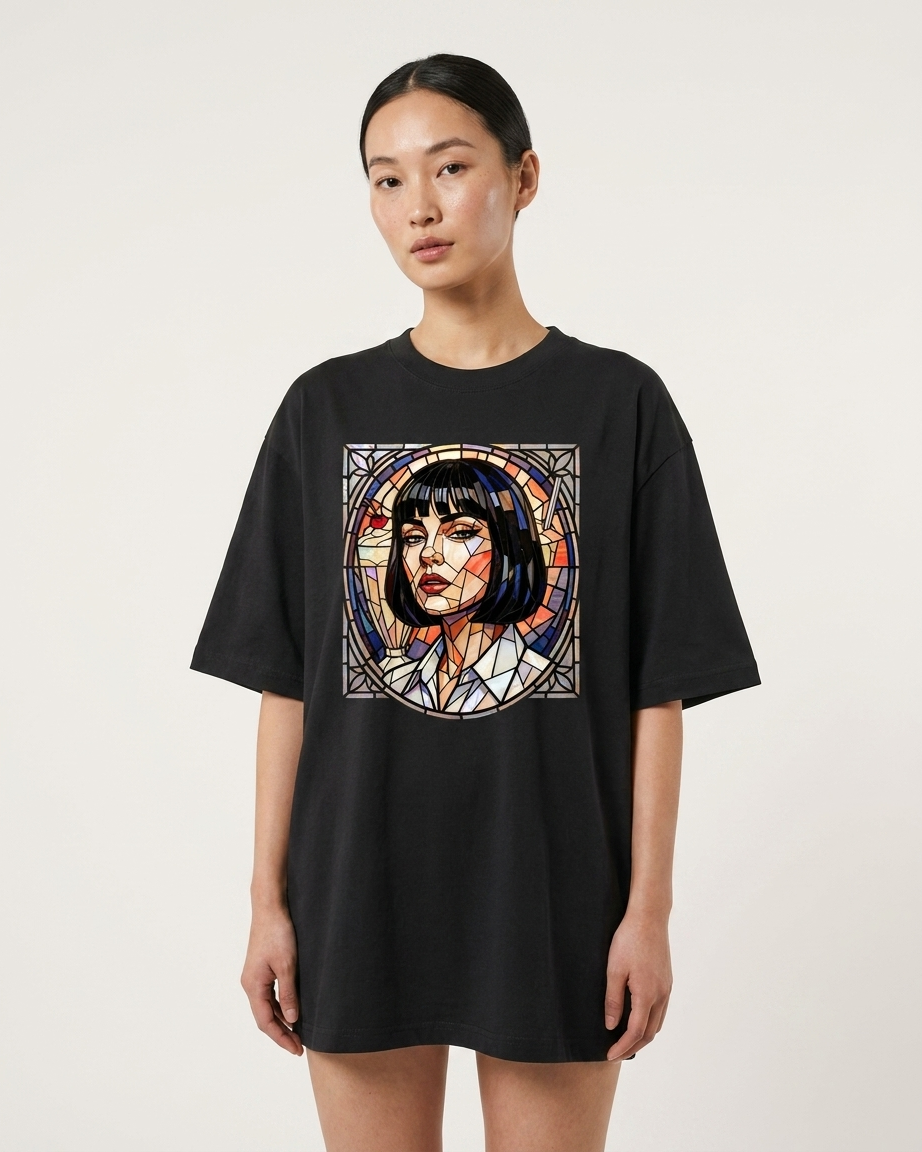 model wearing Culture Canvas stained glass icon graphic tee in jet black — unisex oversized fit, cinephile fan art apparel
