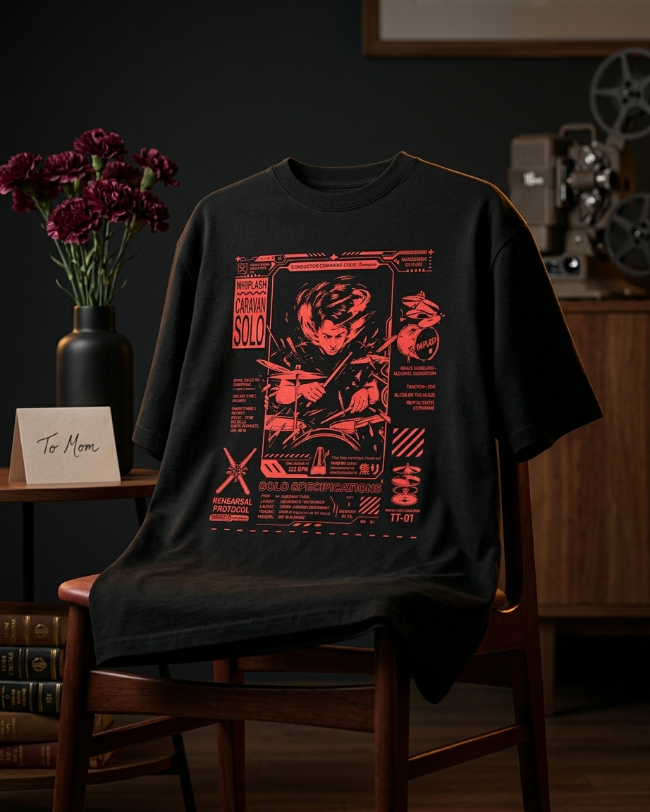 Culture Canvas Whiplash fan art tribute tee flatlay — brutalist grid graphic, crimson red ink on jet black, 240 GSM heavyweight cotton