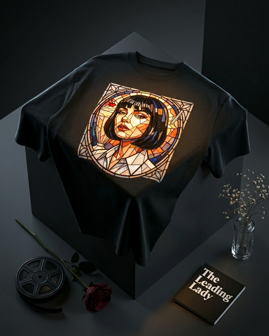 Culture Canvas black oversized tee with stained glass multicolour graphic print — cinephile apparel, fan art tribute collection